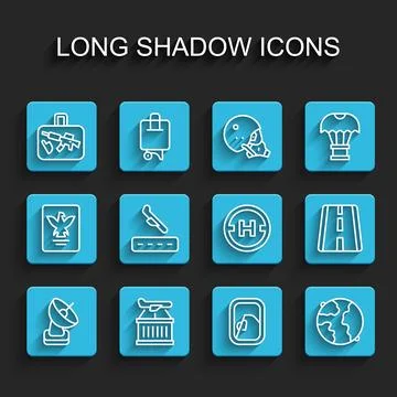 Set line Radar, Plane, Suitcase, Airplane window, Worldwide, landing, Airport Stock Illustration