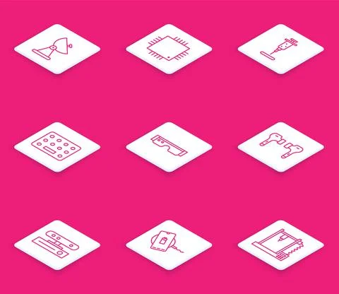 Set line Radar, Processor with microcircuits CPU, Syringe, Pills blister pack Stock Illustration