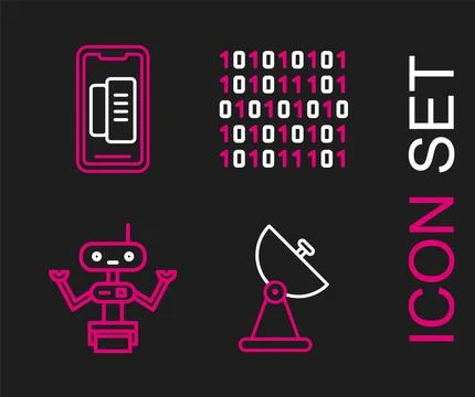 Set line Radar, Robot, Binary code and Smartphone, mobile phone icon. Vector Stock Illustration