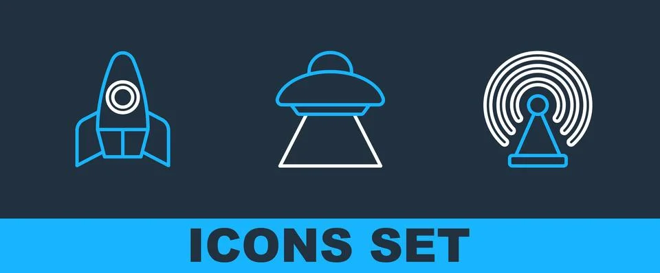 Set line Radar, Rocket ship and UFO flying spaceship icon. Vector Illustrazione stock