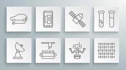 Set line Radar, Smartphone, mobile phone, Factory conveyor system belt, Robot 스톡 일러스트