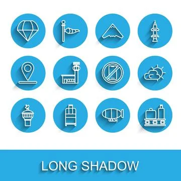 Set line Radar, Suitcase, Parachute, Airship, Airport conveyor belt with 스톡 일러스트