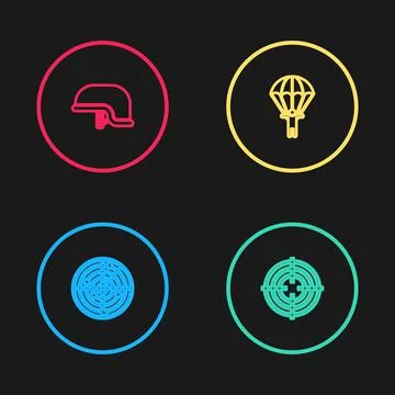 Set line Radar with targets, Target sport, Parachute and Military helmet icon Illustrazione stock