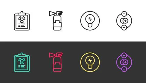 Set line Radiation warning document, Fire extinguisher, Light bulb with concept Stock Illustration