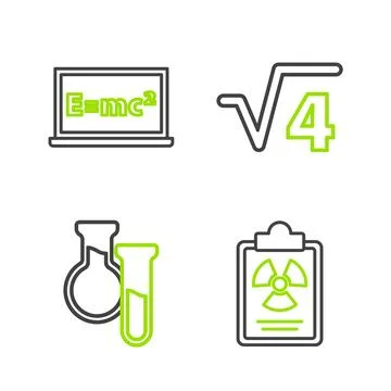 Set line Radiation warning document Test tube and flask Square root of 4 glyp Stock Illustration