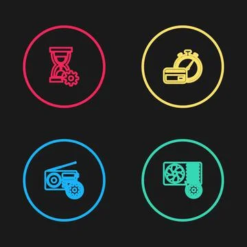 Set line Radio setting, Air conditioner, Fast payments and Hourglass icon. Ve Stock Illustration