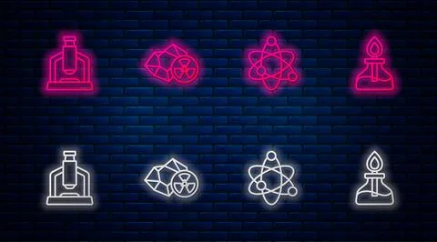 Set line Radioactive, Atom, Microscope and Alcohol or spirit burner. Glowin.. Ilustración de archivo