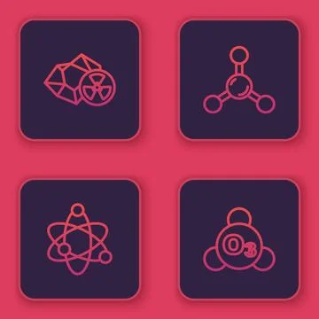 Set line Radioactive, Atom, Molecule and Ozone. Blue square button. Vector Stock Illustration