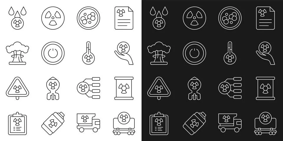Set line Radioactive cargo train, waste barrel, Molecule, Power button, Nuclear Illustrazione stock