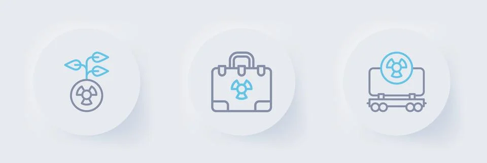Set line Radioactive cargo train, Radiation nuclear suitcase and  icon. Vecto 스톡 일러스트