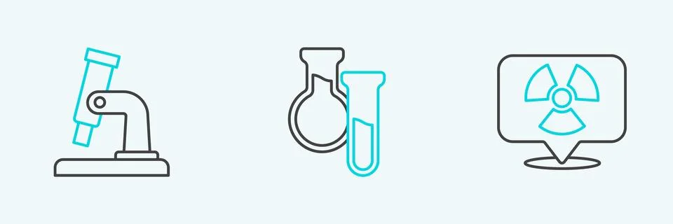 Set line Radioactive in location, Microscope and Test tube and flask icon. .. Stockillustratie