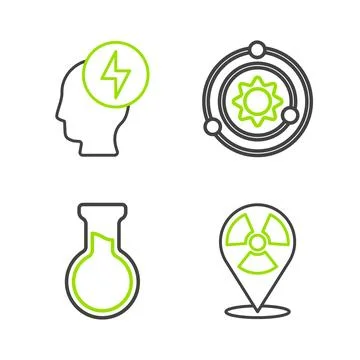Set line Radioactive in location, Test tube and flask, Solar system and Head Stock Illustration