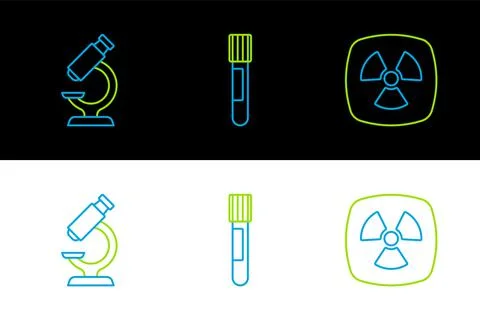 Set line Radioactive, Microscope and Test tube icon. Vector Illustrazione stock