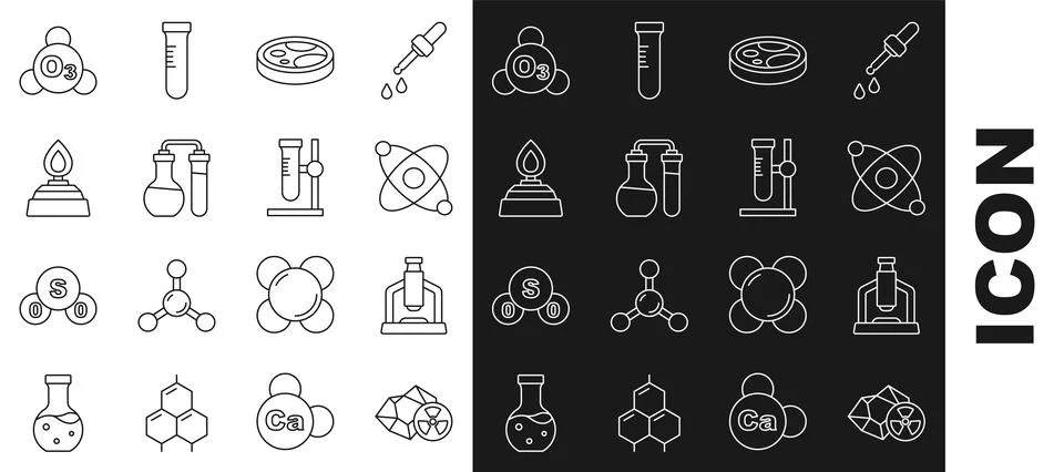 Set line Radioactive, Microscope, Atom, Petri dish with bacteria, Test tube Stock Illustration