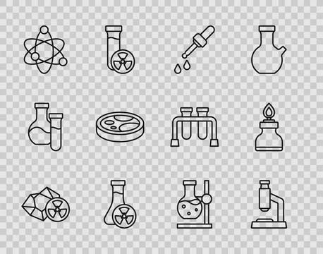 Set line Radioactive, Microscope, Pipette, Test tube with toxic liquid, Atom Illustrazione stock