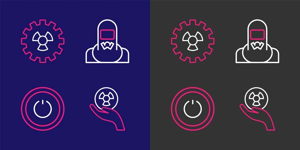 Set line Radioactive, Power button, Nuclear reactor worker and  icon. Vector Stock Illustration