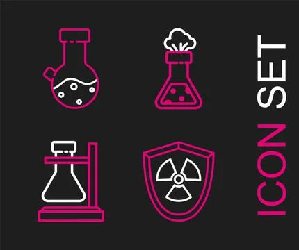 Set line Radioactive in shield, Test tube flask on stand, chemical and  icon. Stock Illustration