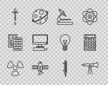 Set line Radioactive, Telescope, Microscope, Satellite, Pipette, Computer m.. Stock Illustration