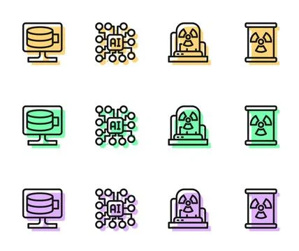 Set line Radioactive warning lamp, Cloud database, Neural network and waste Stock Illustration