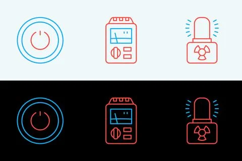 Set line Radioactive warning lamp, Power button and Dosimeter icon. Vector 库存插图