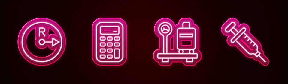 Set line Radius, Calculator, Scale with suitcase and Syringe. Glowing neon ic Stock Illustration