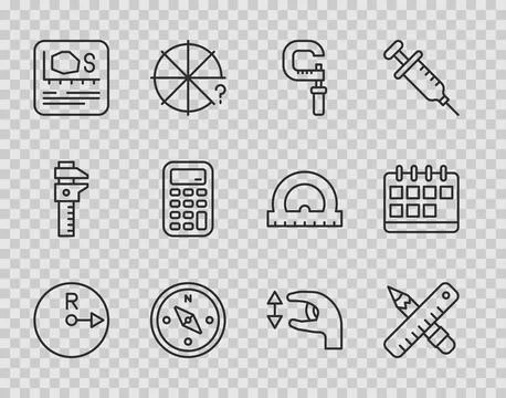 Set line Radius, Crossed ruler and pencil, Micrometer, Compass, Area measurement Illustrazione stock