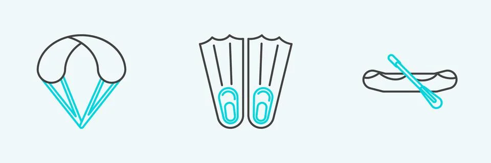 Set line Rafting boat, Parachute and Rubber flippers for swimming icon. Vecto Stock Illustration