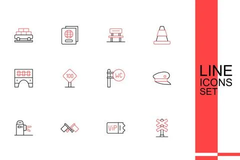 Set line Railroad crossing, Train ticket, Flag, Turnstile, driver hat, Toil.. Stock Illustration