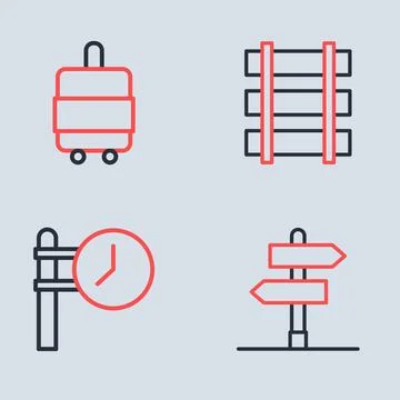 Set line Railway barrier, Train station clock, Road traffic sign and Suitca.. Stock Illustration