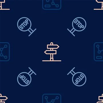 Set line Railway map, Stop sign and Road traffic on seamless pattern. Vector Stock Illustration