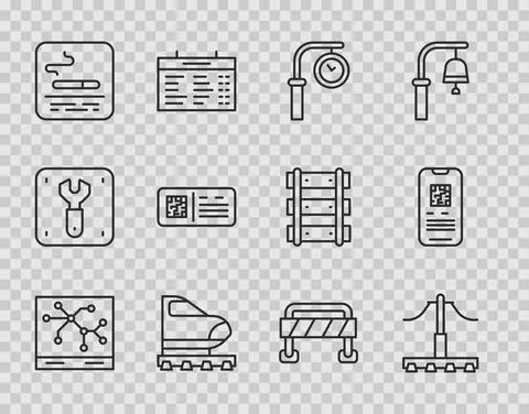 Set line Railway map, Train station clock, High-speed train, Smoking area, QR Stock-Illustration