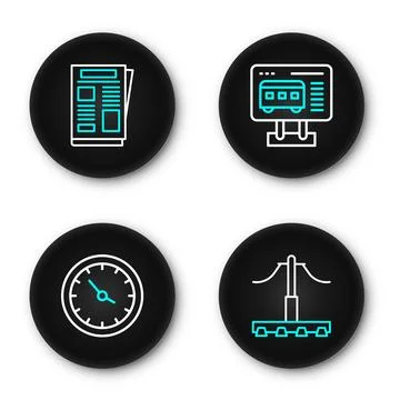 Set line Railway, Train station clock, Ticket office to buy tickets and New.. Stock Illustration