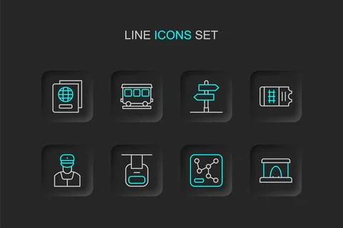 Set line Railway tunnel, map, Cable car, Train conductor, ticket, Road traf.. Stock Illustration