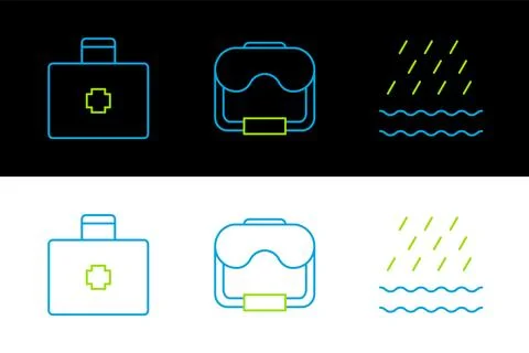 Set line Rain and waves, First aid kit and Diving mask icon. Vector Ilustración de archivo
