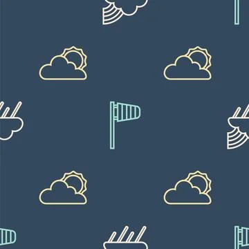 Set line Rainbow with cloud and rain, Sun weather and Cone windsock wind vane on Illustrazione stock