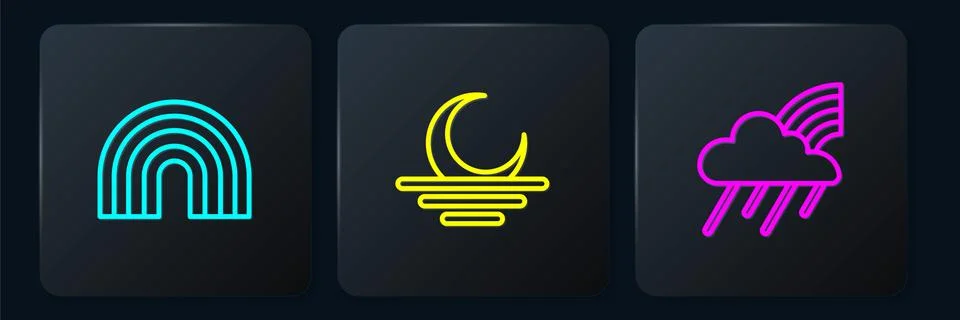 Set line Rainbow, with cloud and rain and Sunset. Black square button. Vector Illustrazione stock