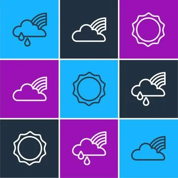 Set line Rainbow with cloud and rain, Sun and clouds icon. Vector 스톡 일러스트