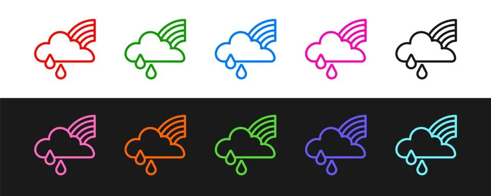 Set line Rainbow with cloud and rain icon isolated on black and white background Stockillustratie