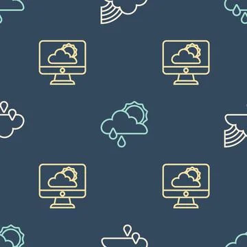 Set line Rainbow with cloud and rain, Weather forecast and Cloud sun on seamless Stock Illustration