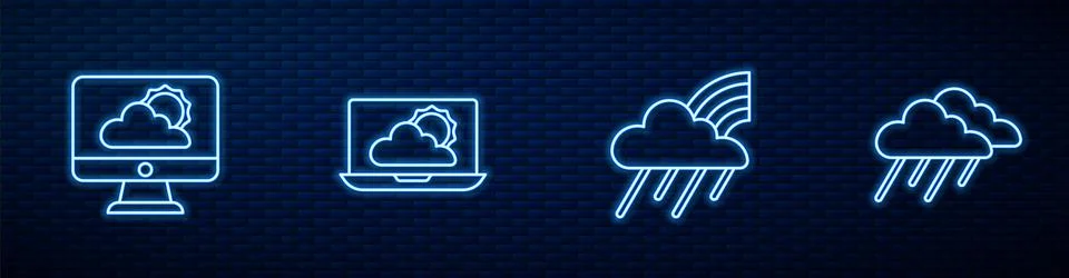 Set line Rainbow with cloud and rain, Weather forecast, and Cloud. Glowing neon Illustrazione stock