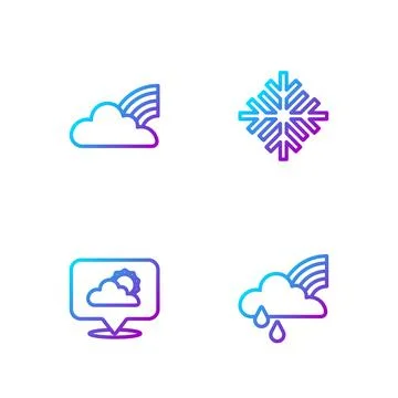 Set line Rainbow with cloud and rain, Location, clouds and Snowflake. Gradi.. イラスト素材