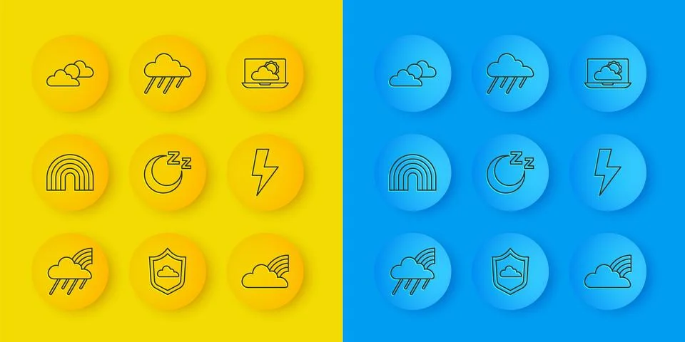 Set line Rainbow with cloud and rain, Time to sleep, clouds, Lightning bolt.. Stock Illustration