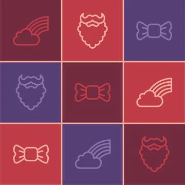 Set line Rainbow with cloud, Bow tie and Mustache and beard icon. Vector Stock Illustration
