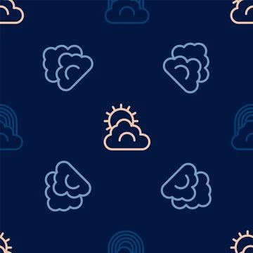 Set line Rainbow with cloud, Cloud and Sun and weather on seamless pattern Stock Illustration