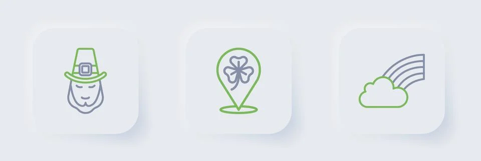 Set line Rainbow with cloud, Clover trefoil leaf and Leprechaun icon. Vector Illustrazione stock