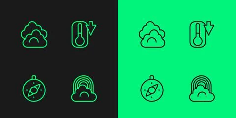 Set line Rainbow with cloud, Compass, Cloud and Thermometer icon. Vector Illustrazione stock