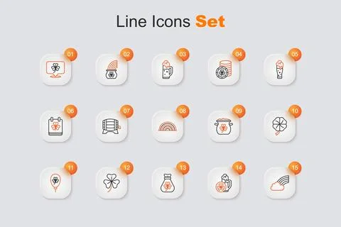 Set line Rainbow with cloud, Glass of beer, Money bag clover, Clover trefoi.. Stock Illustration