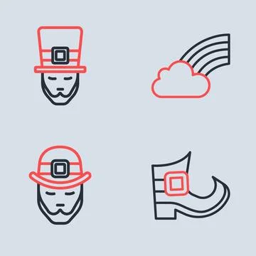 Set line Rainbow with cloud, Leprechaun, boot and  icon. Vector Stock Illustration