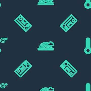 Set line Rainbow with cloud, Meteorology thermometer and  on seamless pattern Stock Illustration