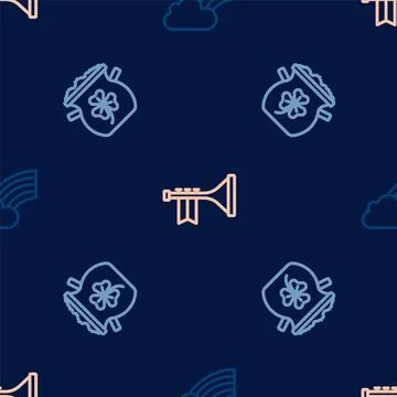 Set line Rainbow with cloud, Pot of gold coins and Trumpet on seamless pattern Stock Illustration